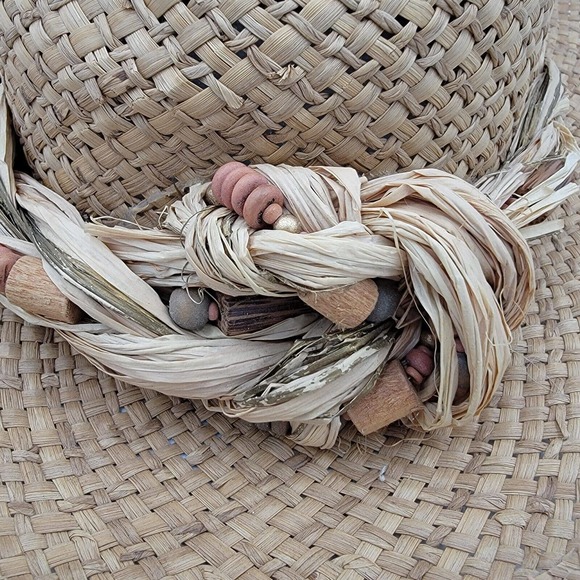 Cappelli Miami Florida Beige Vintage Wooven Straw Paper Sun Beach Hat Beads Knot - Picture 8 of 10